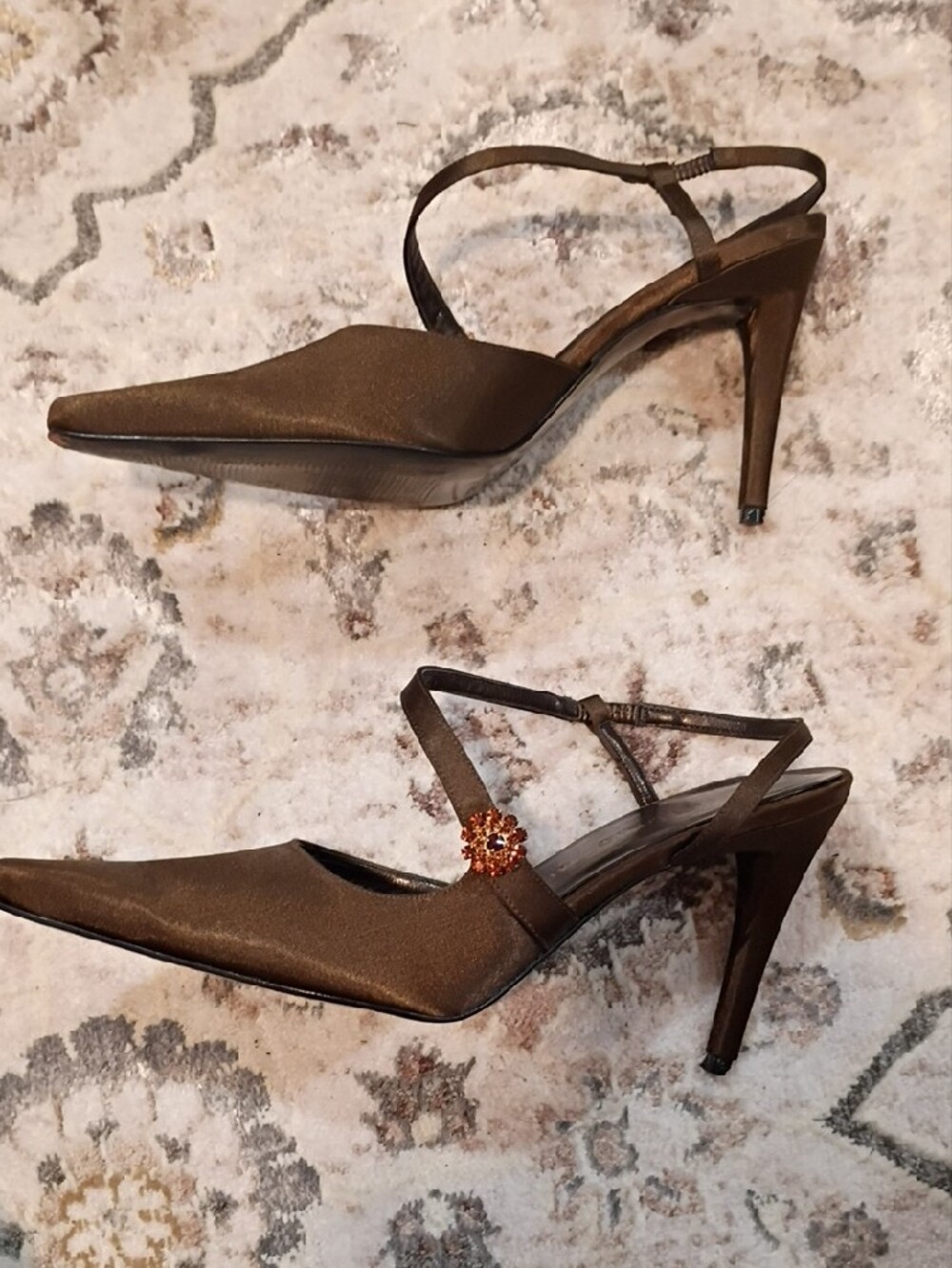 ANTONIO MELANI Brown Satin Pointed-Toe Slingback Heels with Decorative Button - Picture 6 of 7
